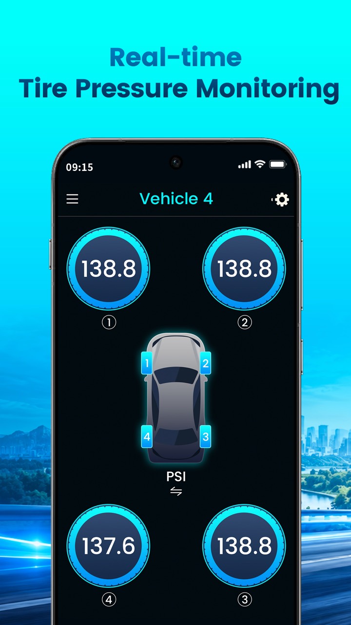 Dashboard showing live tire pressure for six wheels
