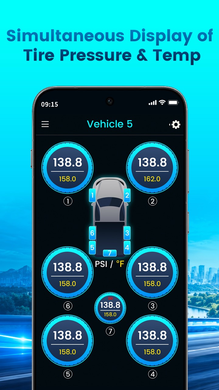 Tymate dashboard showing live tire pressure and temperature